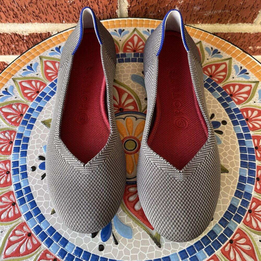 Rothy's "The Flat" Womens 8 Grey Red Knit Round Toe Ballet Flats Comfy Shoes